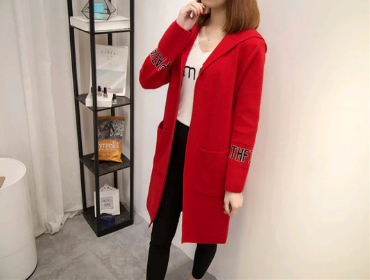 Women's Knit Cardigan with Hood and V-Neck Design