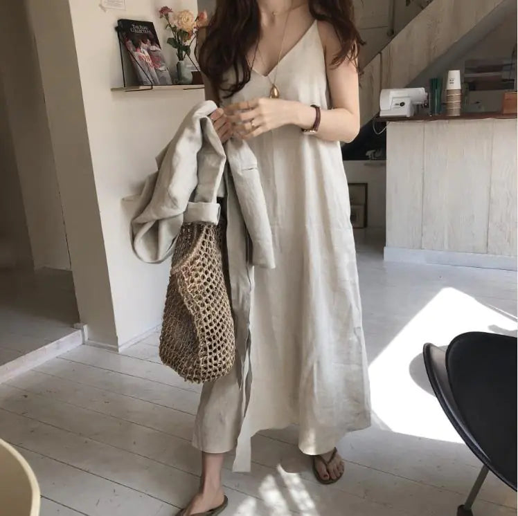 Simple V-neck Cotton and Linen Suspender Dress