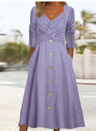 WOLFF A-Line Long Sleeve Dress with V-Neck (One Piece)