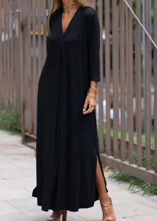 Solid Color V-Neck Long Split Knitted Dress (One Piece)