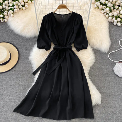 2022 Summer Vintage V-Neck Waist Tie Maxi Dress