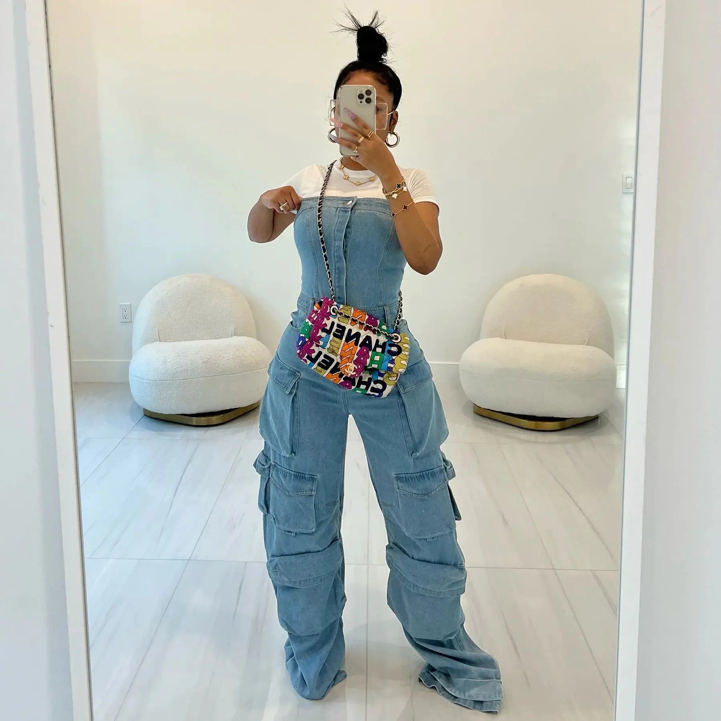FF1287 Women's Sleeveless Solid Color Denim Jumpsuit