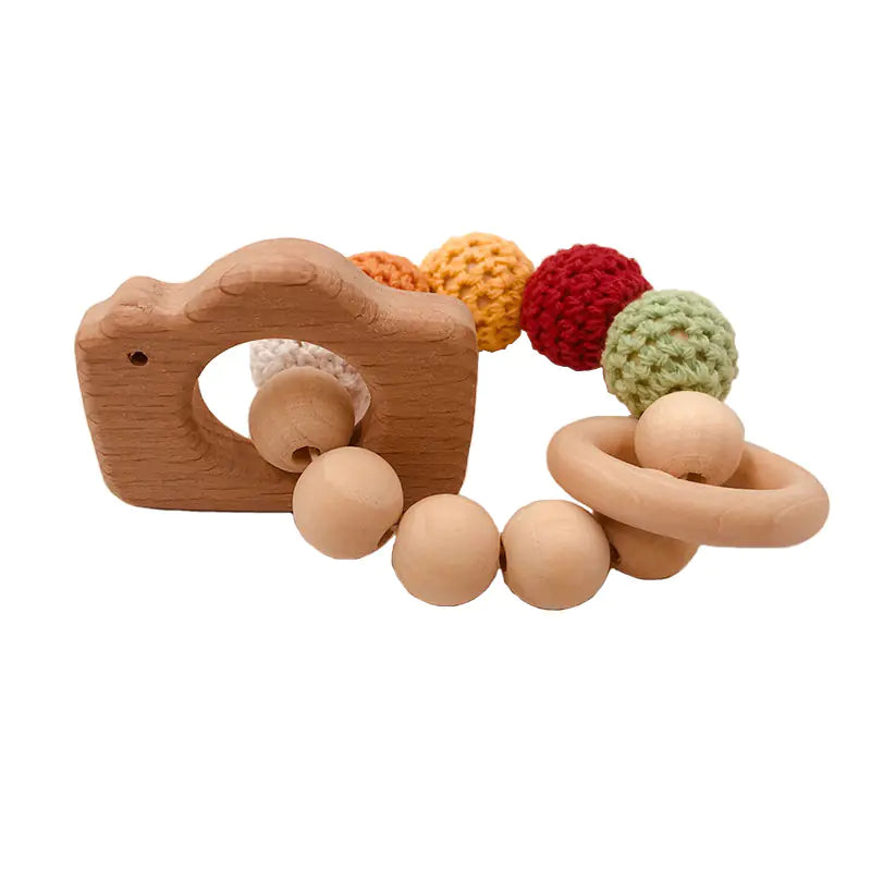 Handmade Crochet Baby Teething Toy with Beech Wood