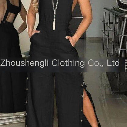 Women's Solid Color Sleeveless Wide Leg Jumpsuit