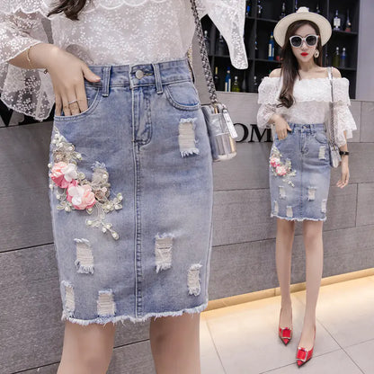 Denim Midi Skirt, Bodycon Skirt, Distressed Skirt