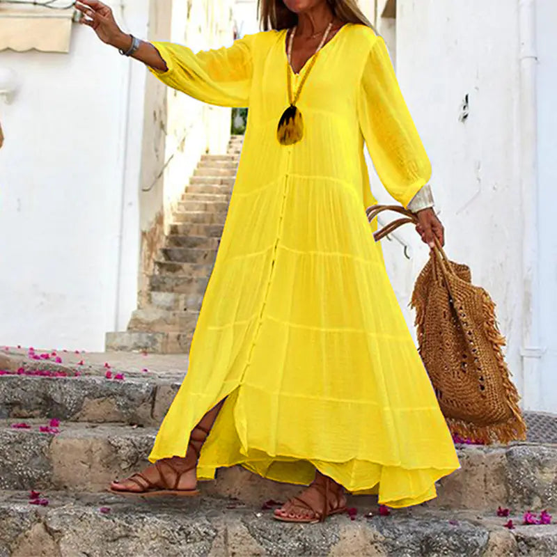 V-neck Long-sleeved Cotton Linen Dress for Women