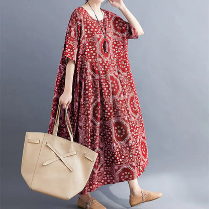 Cotton and Linen Printed Short-Sleeved Dress