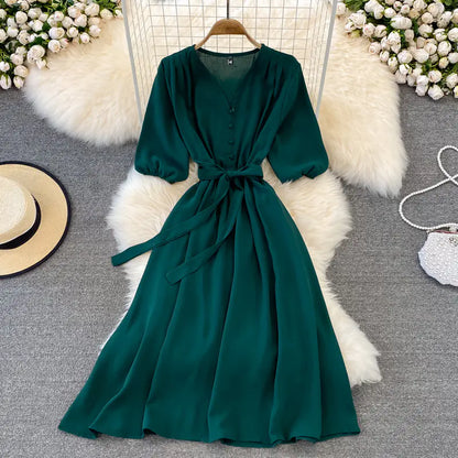 2022 Summer Vintage V-Neck Waist Tie Maxi Dress