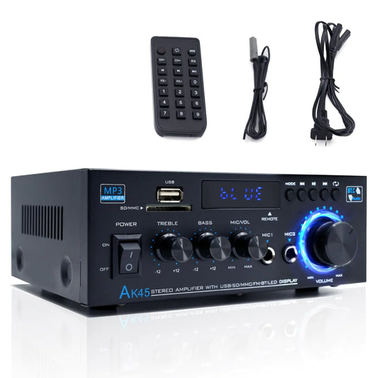 Stereo Home Audio Amplifier Receiver AK45 600W Blutooth 5.0 HiFi Stereo Power Amplifier 2.0 Channel RMS 40W x 2 Home Stereo System with Remote Control Amp W/MICUSB RCAFM Radio