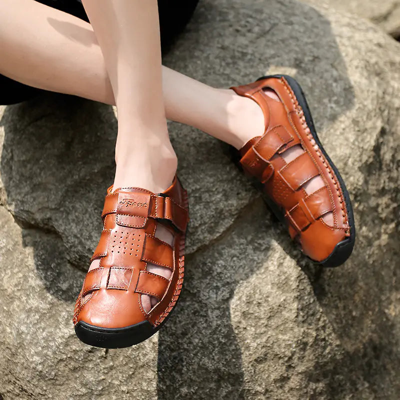 Men's Casual Leather Beach Sandals - Handmade, Plus Size