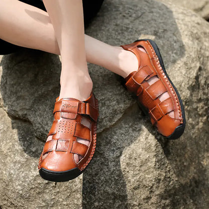 Men's Casual Leather Beach Sandals - Handmade, Plus Size