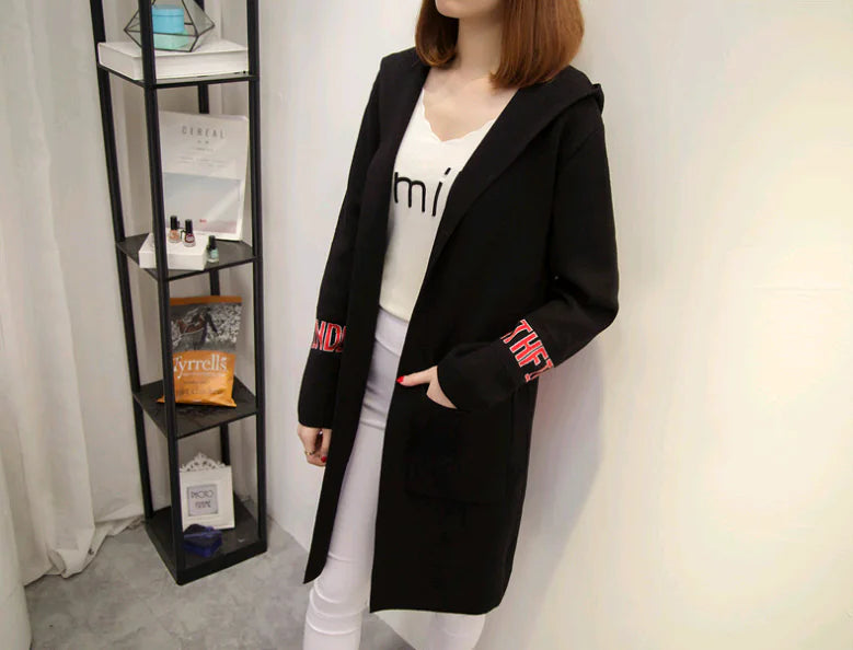 Women's Knit Cardigan with Hood and V-Neck Design