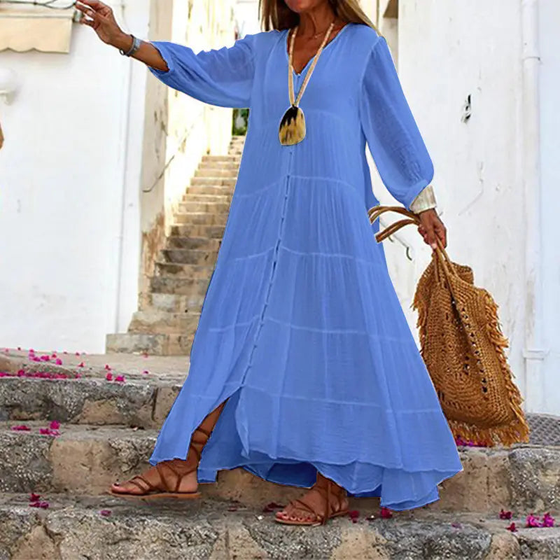 V-neck Long-sleeved Cotton Linen Dress for Women