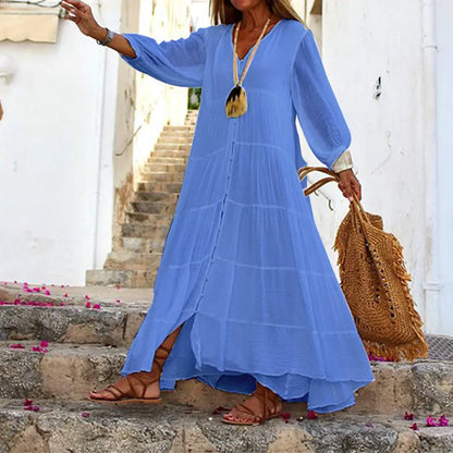 V-neck Long-sleeved Cotton Linen Dress for Women