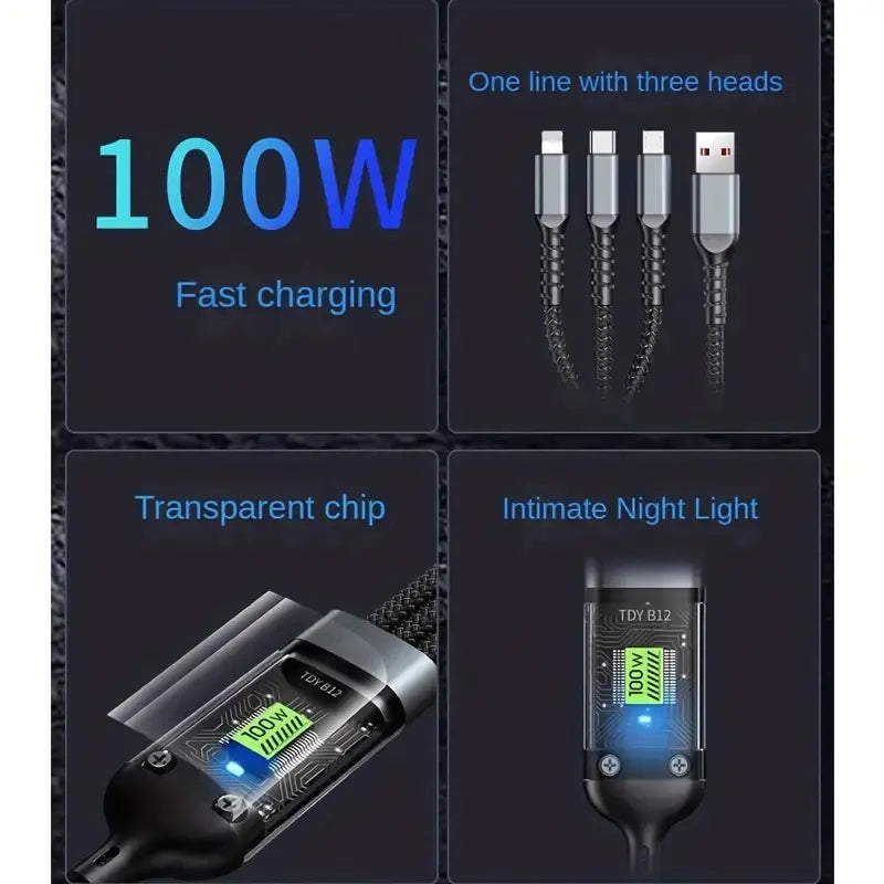 3-in-1 Fast Charging Cable for iPhone, Micro USB, Type C