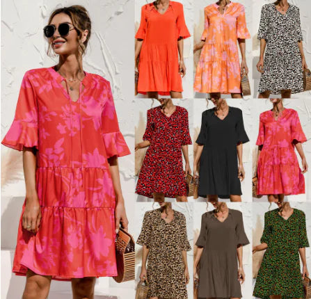 Short Pink Sleeve Dress - V-Neck Flare Style (One Piece)