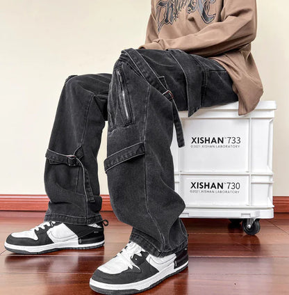 Street Trend Zipper Stitching Loose Straight Trousers