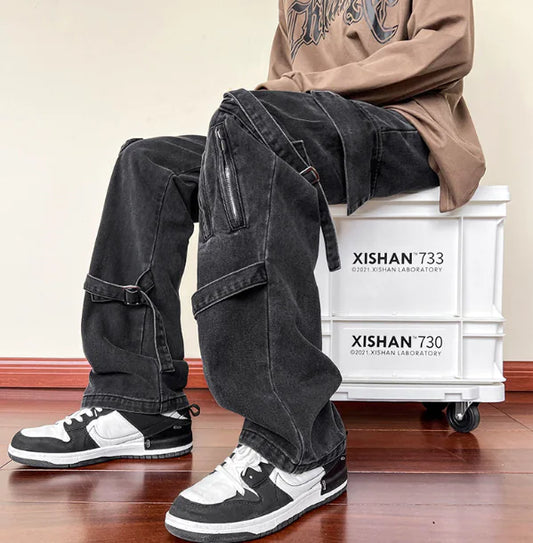 Street Trend Zipper Stitching Loose Straight Trousers