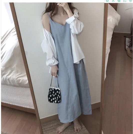 Simple V-neck Cotton and Linen Suspender Dress