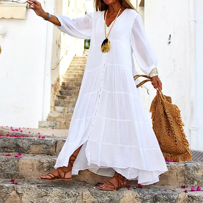 V-neck Long-sleeved Cotton Linen Dress for Women