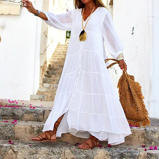 V-neck Long-sleeved Cotton Linen Dress for Women