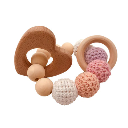 Handmade Crochet Baby Teething Toy with Beech Wood