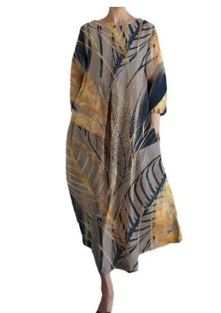 WOLFF - Printed V-Neck Long Sleeve Dress (One Piece)