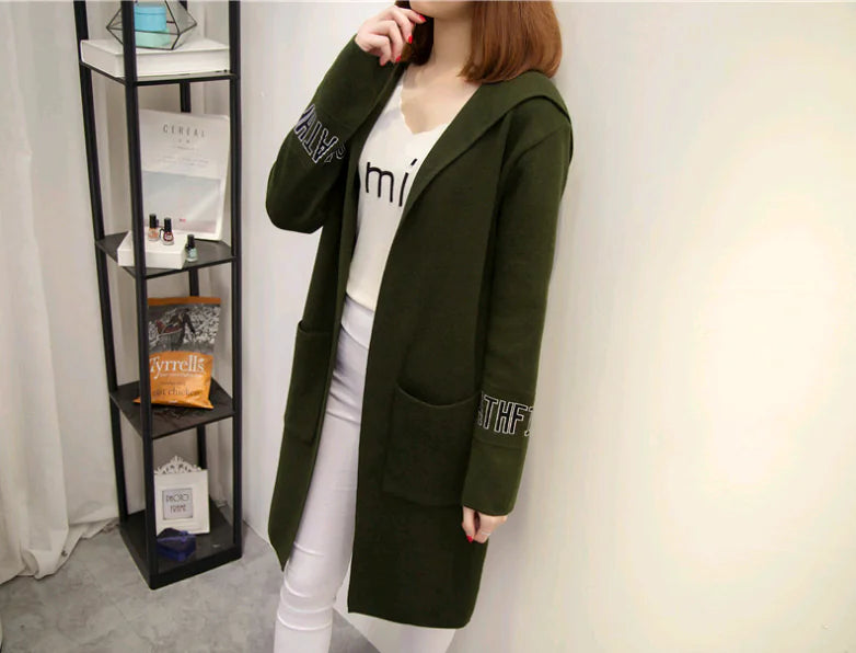 Women's Knit Cardigan with Hood and V-Neck Design