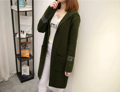 Women's Knit Cardigan with Hood and V-Neck Design