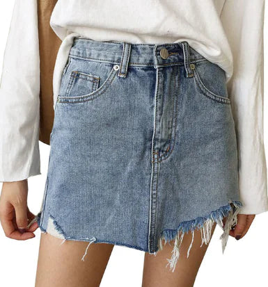 Frayed Hem Denim Midi Skirt - Versatile A-Line Design