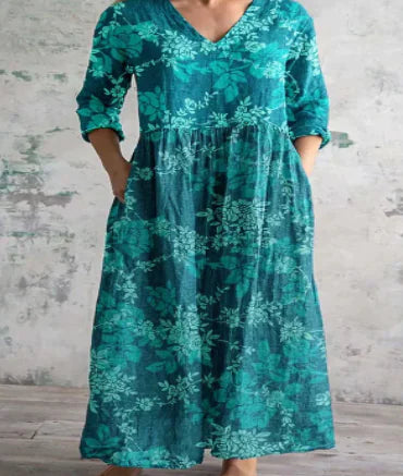 Chic Vintage Floral Print V-Neck Dress (One Piece)