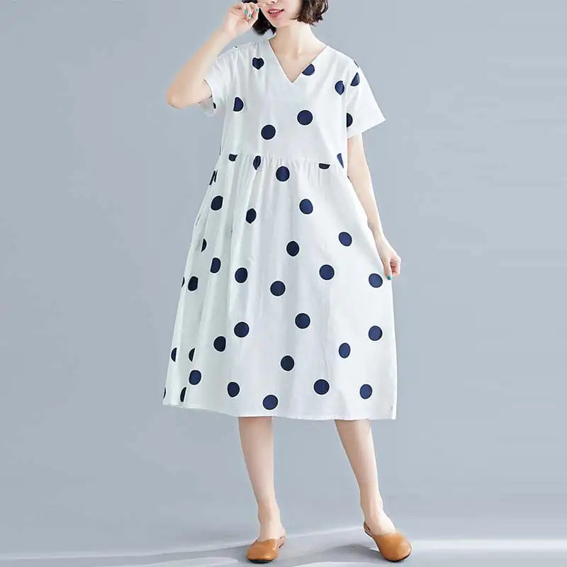 Dot Print Cotton Linen V-Neck Short Sleeve Dress