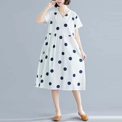 Dot Print Cotton Linen V-Neck Short Sleeve Dress