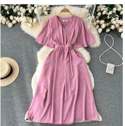 2022 Summer Vintage V-Neck Waist Tie Maxi Dress