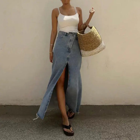 2023 Women's Irregular Split Hem Denim Midi Skirt
