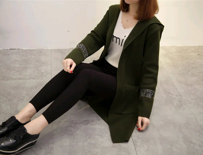 Women's Knit Cardigan with Hood and V-Neck Design