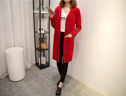 Women's Knit Cardigan with Hood and V-Neck Design
