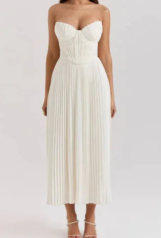 Ivory Pleated Maxi Dress with Elegant V-Neck (One Piece)