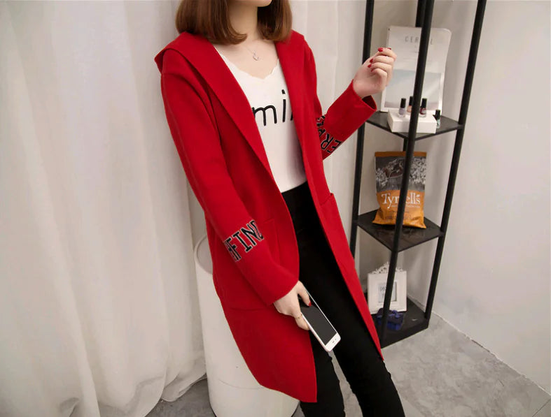 Women's Knit Cardigan with Hood and V-Neck Design