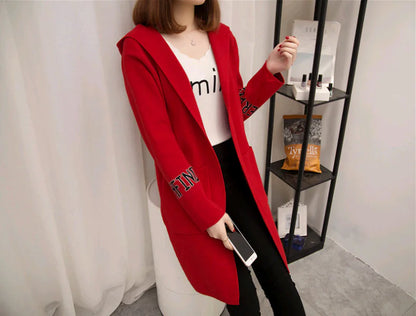 Women's Knit Cardigan with Hood and V-Neck Design