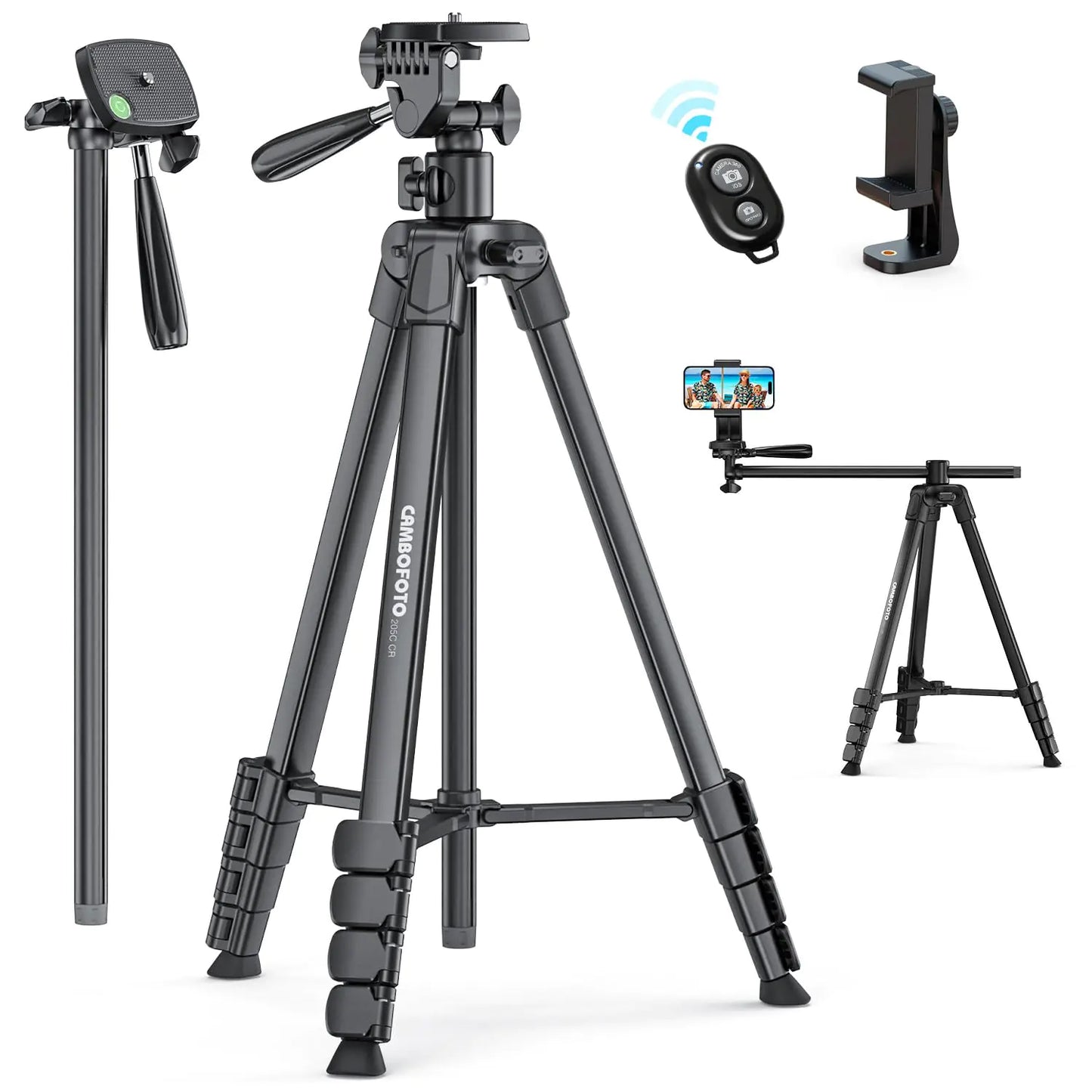 CAMBOFOTO 73"-Phone-Tripod-with-Horizontal-Overhead Selfie Stick/Tall Travel Tripod Stand with Wireless Remote and iPhone Holder Mirrorless/Compact/GoPro Camera Tripod Compatible iPhone/Smartphone