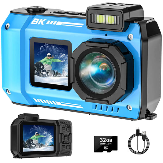 8K UHD Underwater Camera 33FT Autofocus 70MP Rugged Dustproof Shockproof Digital Camera Waterproof Camera Dual-Screen Selfie Underwater Photograph Camera with 32GB Card Blue
