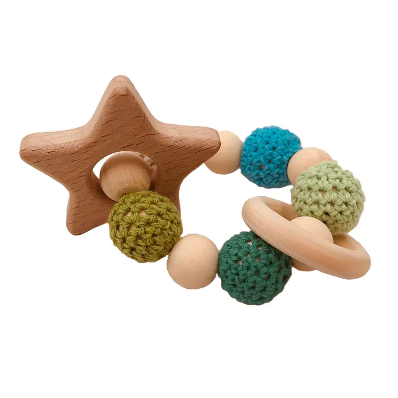 Handmade Crochet Baby Teething Toy with Beech Wood