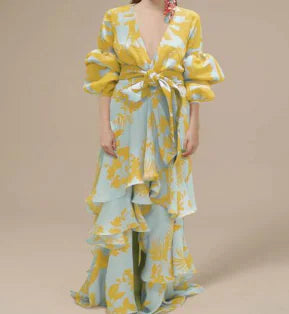 WOLFF Printed Chiffon Holiday Dress with Deep V (One Piece)