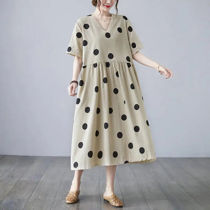 Cotton and Linen V-neck Short-sleeved Dress