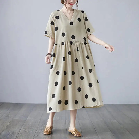Cotton and Linen V-neck Short-sleeved Dress
