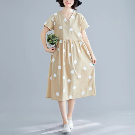 Dot Print Cotton Linen V-Neck Short Sleeve Dress