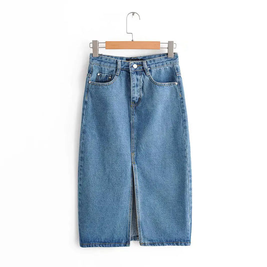 Split Hem Denim Skirt, Bodycon Denim Midi Skirt